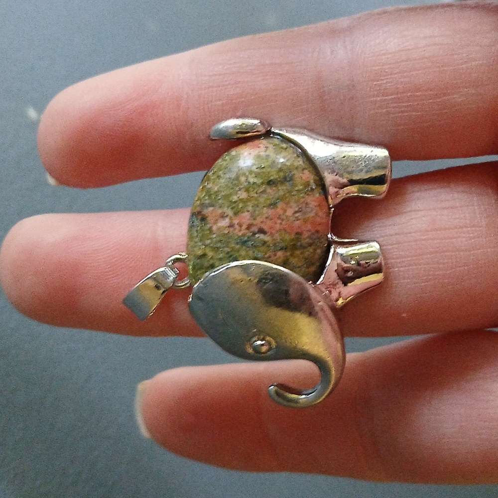 New Unakite Silver Elephant Pendant. 